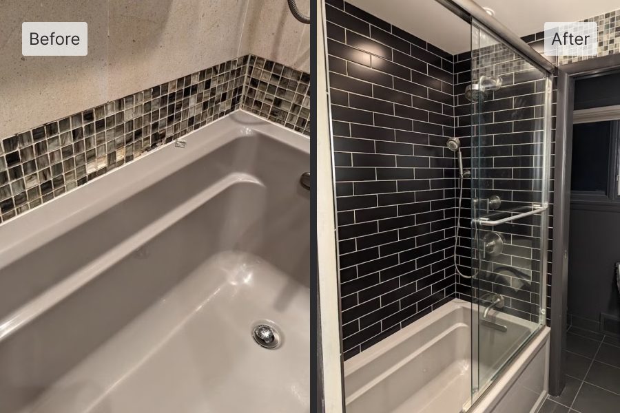 Before and after of a Seattle shower renovation: dated mosaic-trimmed tub beside the finished dark tile shower.