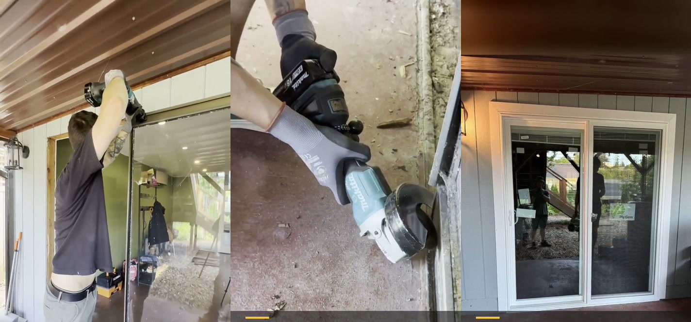 Three stages of a West Seattle sliding-door replacement: installation, threshold preparation, and the finished weather-sealed door.
