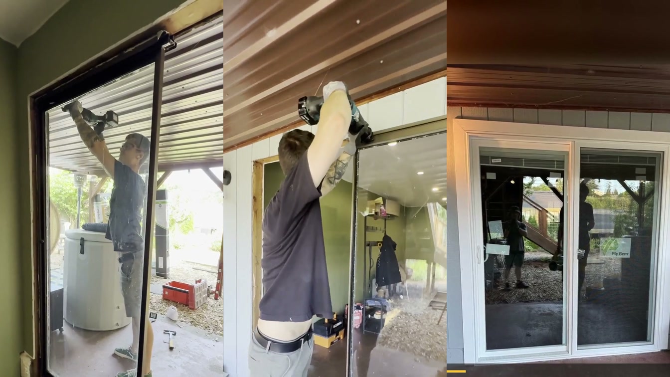 DuetRight technician replacing a sliding patio door in West Seattle, from removal through final installation.