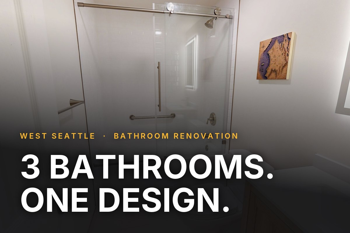 Renovated West Seattle guest bathroom with subway tile and a sliding glass tub door, headline 3 bathrooms, one design