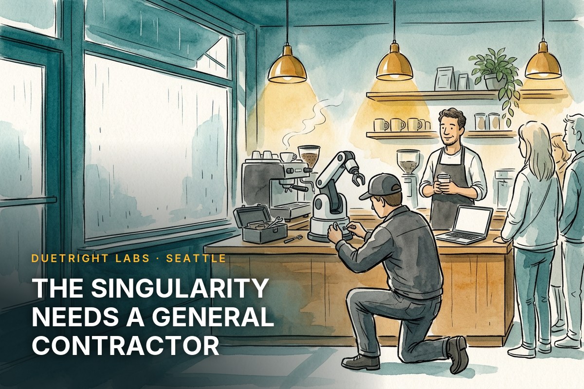 Watercolor illustration of a contractor installing a small robot arm on a coffee shop counter while the owner watches