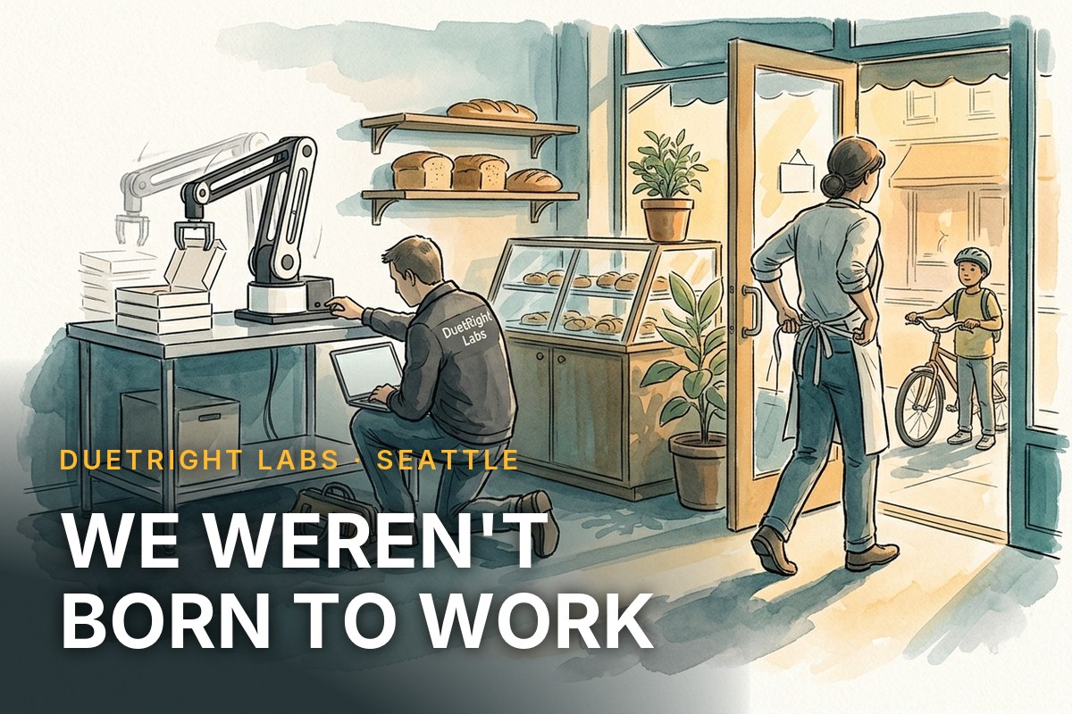 Watercolor illustration of a bakery at closing time: the owner unties her apron and heads out the door to her child while a DuetRight Labs contractor checks a small robot arm folding pastry boxes