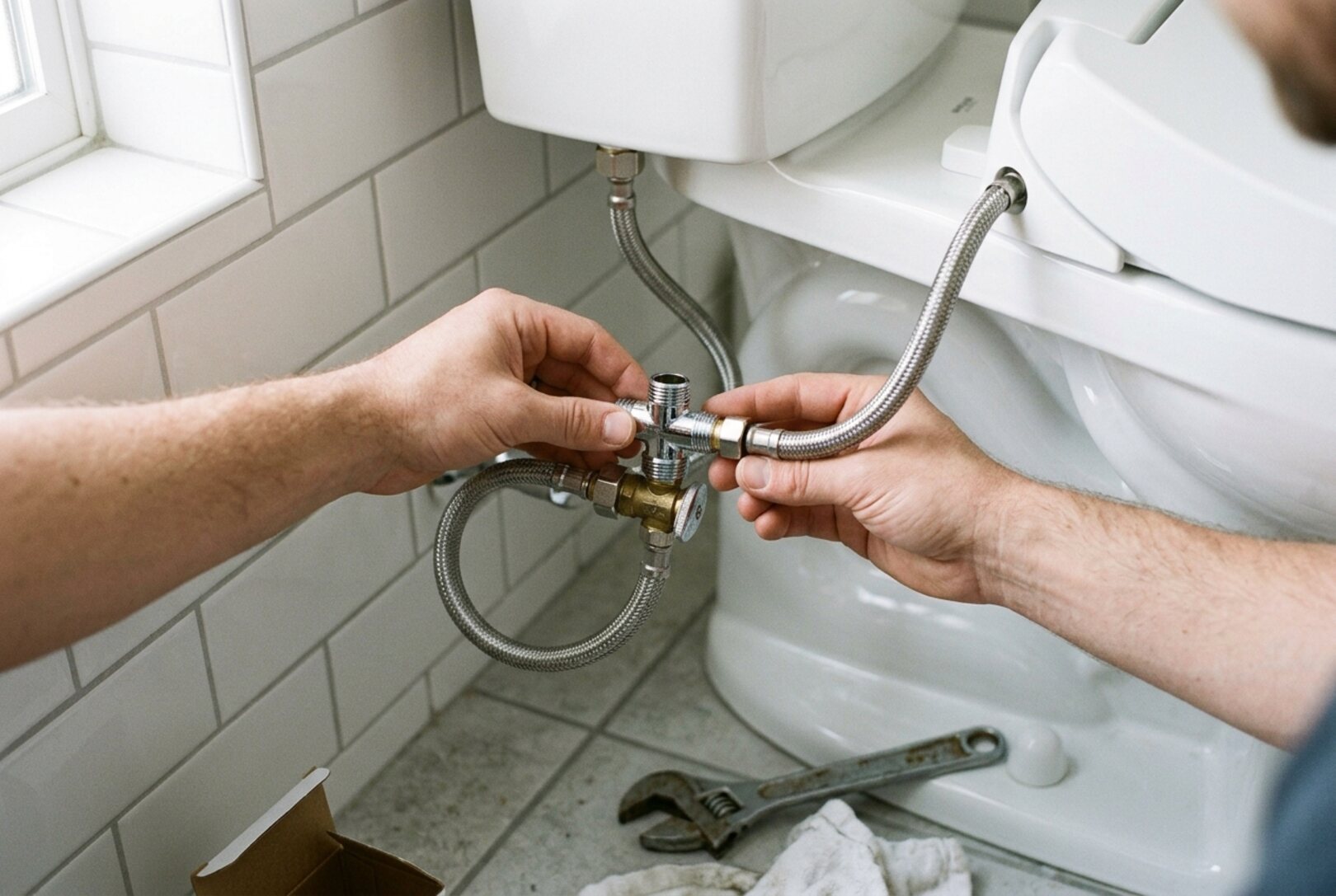 Hands fitting a small T-fitting onto a toilet supply valve, with a braided hose running to a bidet seat