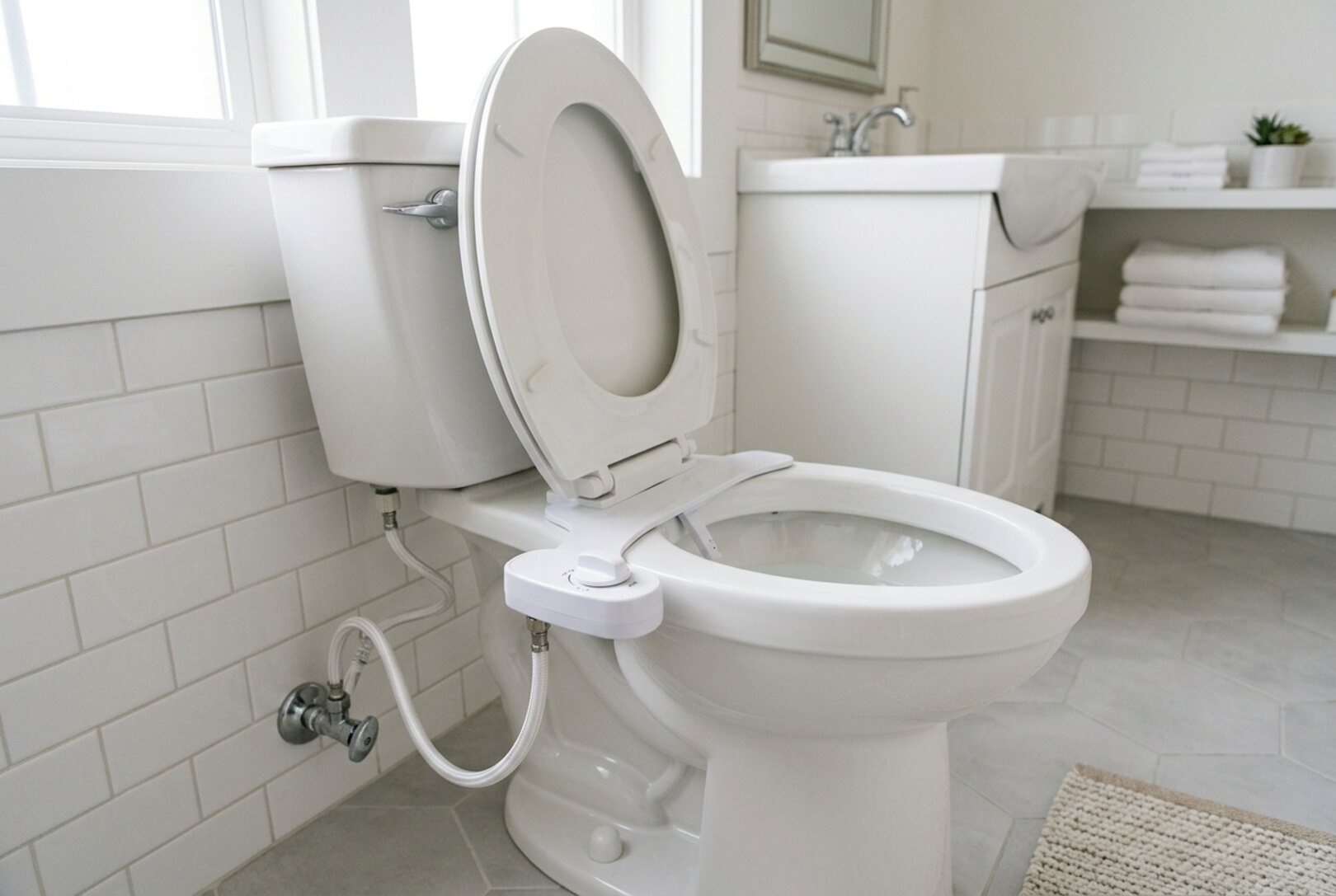 A thin non-electric bidet attachment installed under a regular toilet seat, with a side control knob