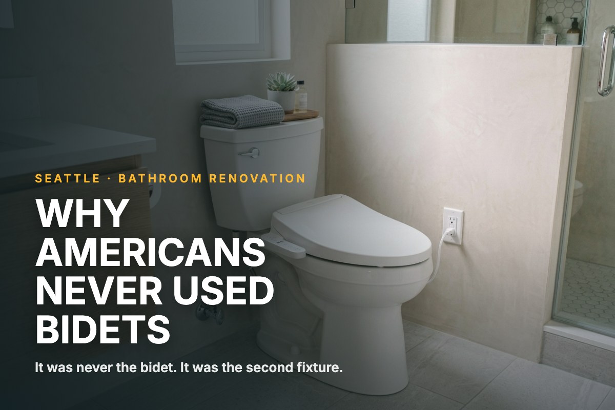 A toilet with a bidet seat and an outlet behind it, in a bathroom with seamless microcement walls