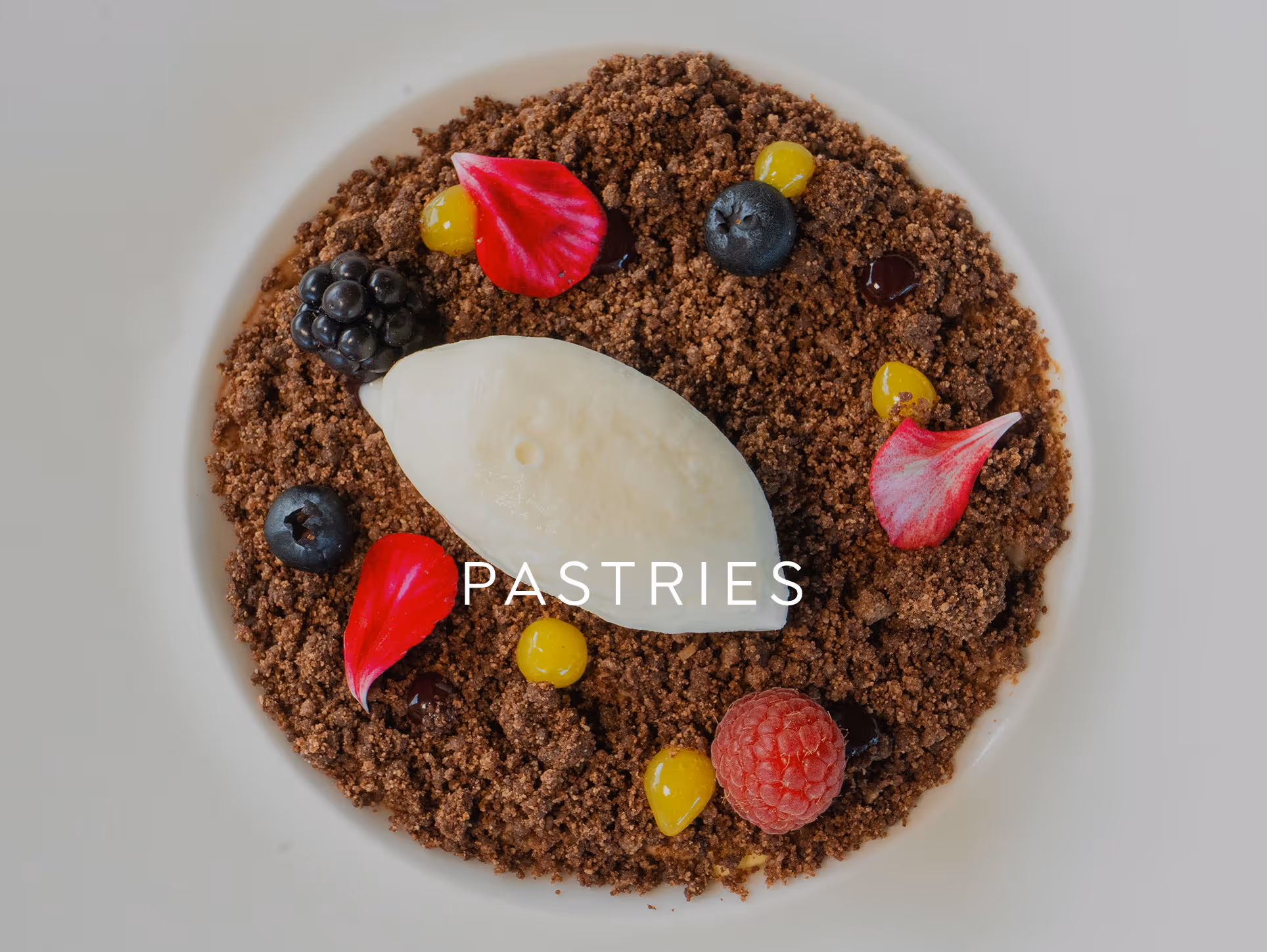 Layered pastry dessert with cream, chocolate decoration, and small purple flowers on plate with sauce.