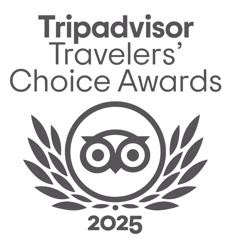 Tripadvisor Travelers' Choice Awards 2025 logo featuring owl eyes and laurel wreath.