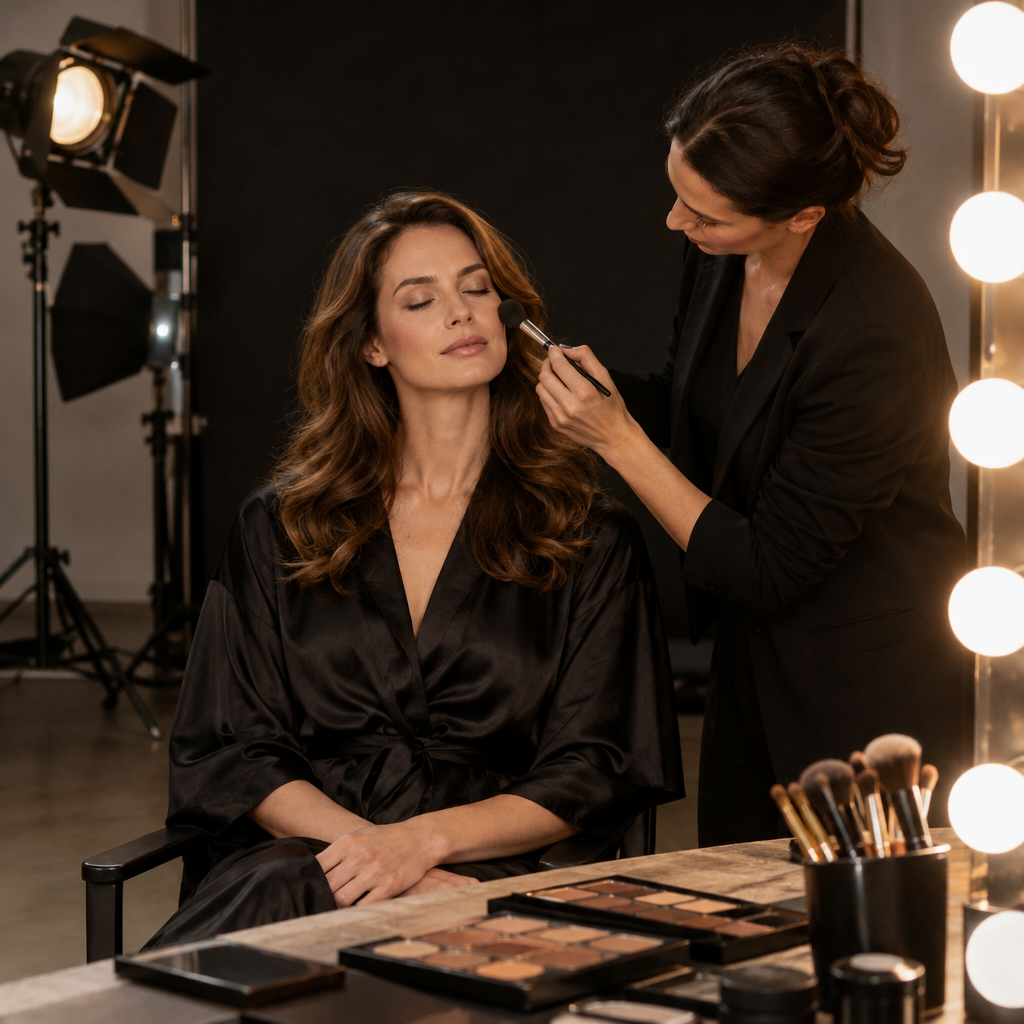Makeup artist preparing an elegant woman for a luxury portrait session in a photography studio