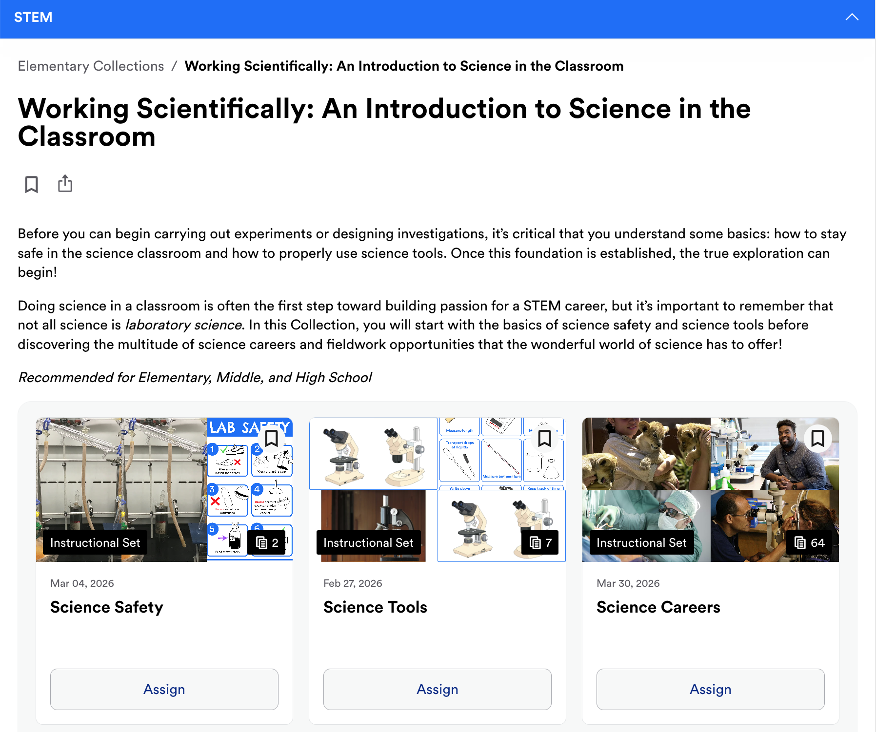 Screenshot of the Newsela STEM Working Scientifically Collection showing Science Safety, Science Tools, and Science Careers text sets
