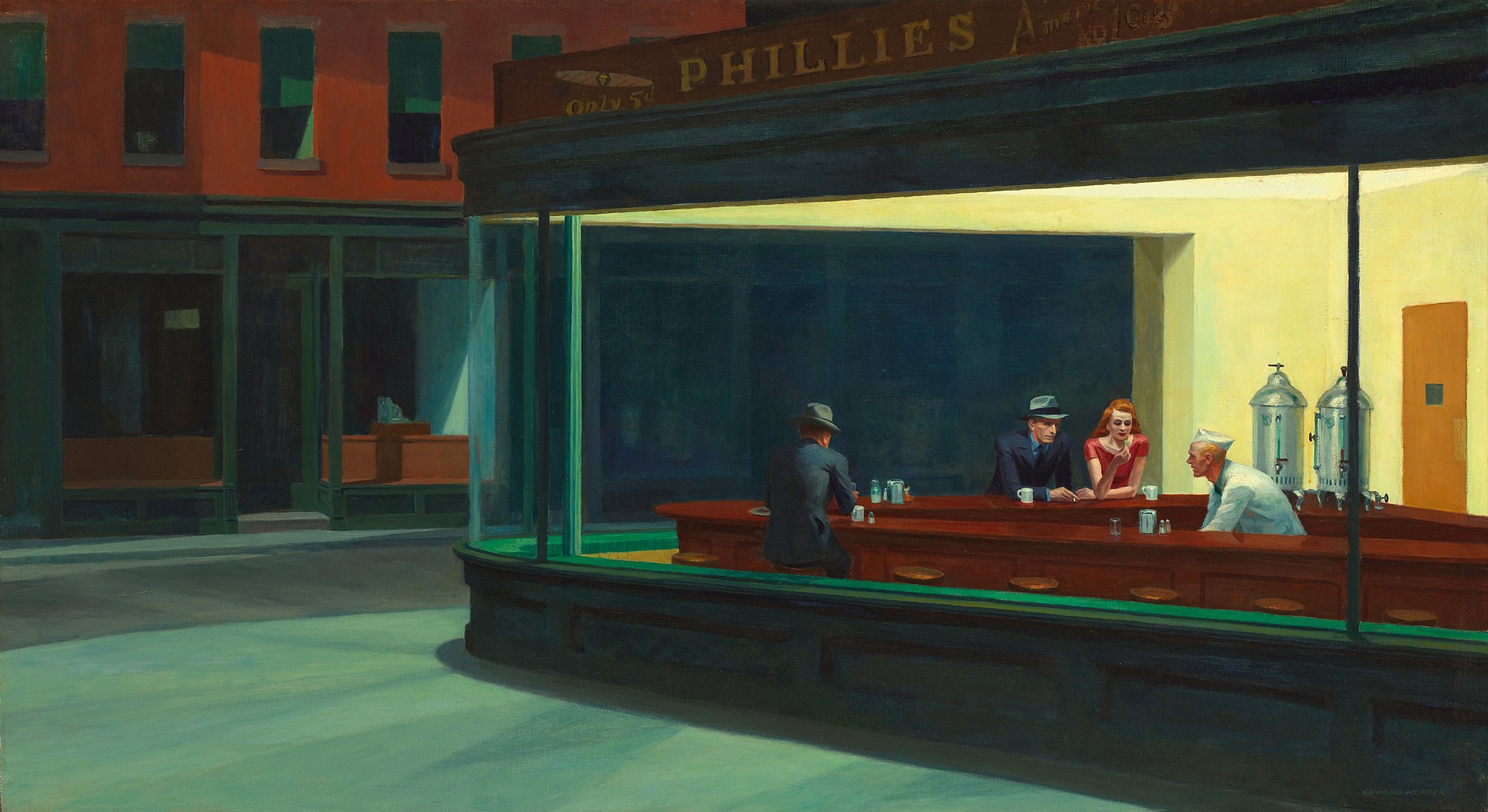 Edward Hopper’s Nighthawks, showing people seated in a brightly lit diner at night while a viewer looks in from outside.