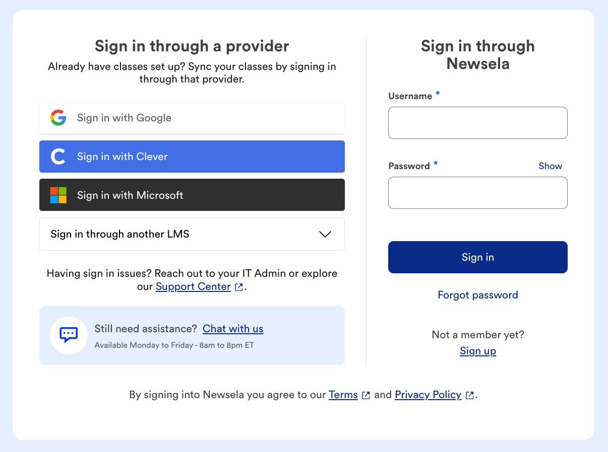 Screenshot of the Newsela login page.