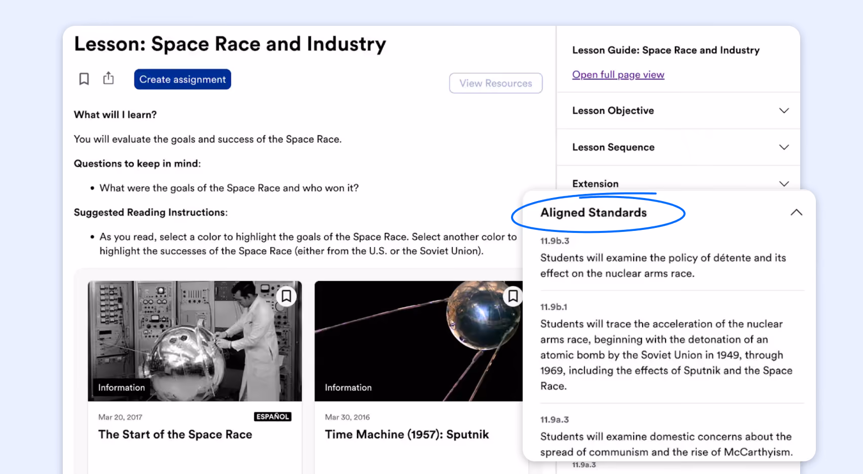 Screenshots of the user interface of the Newsela standards alignment feature.