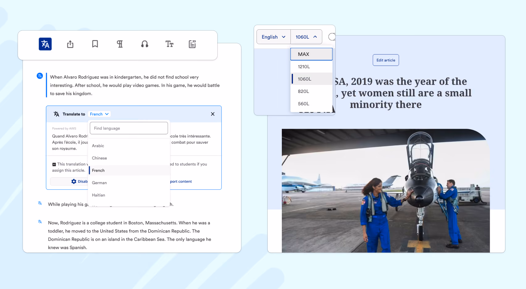 Screenshots of the user interface of the Newsela text translation feature.