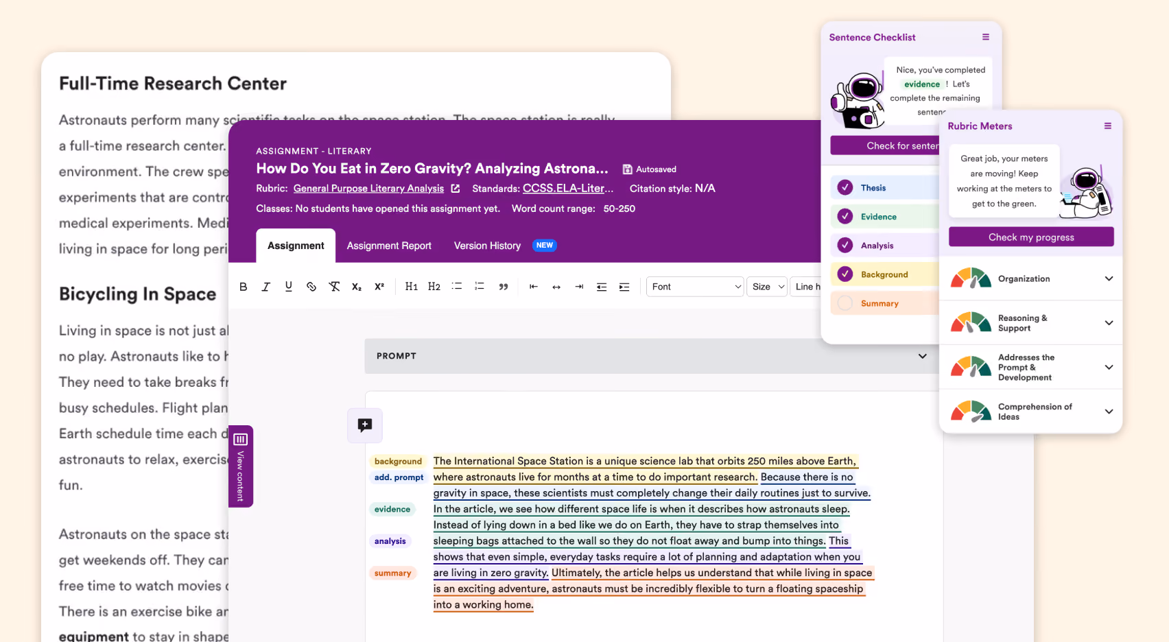 Screenshots of the user interface inside of the Newsela application Writing product