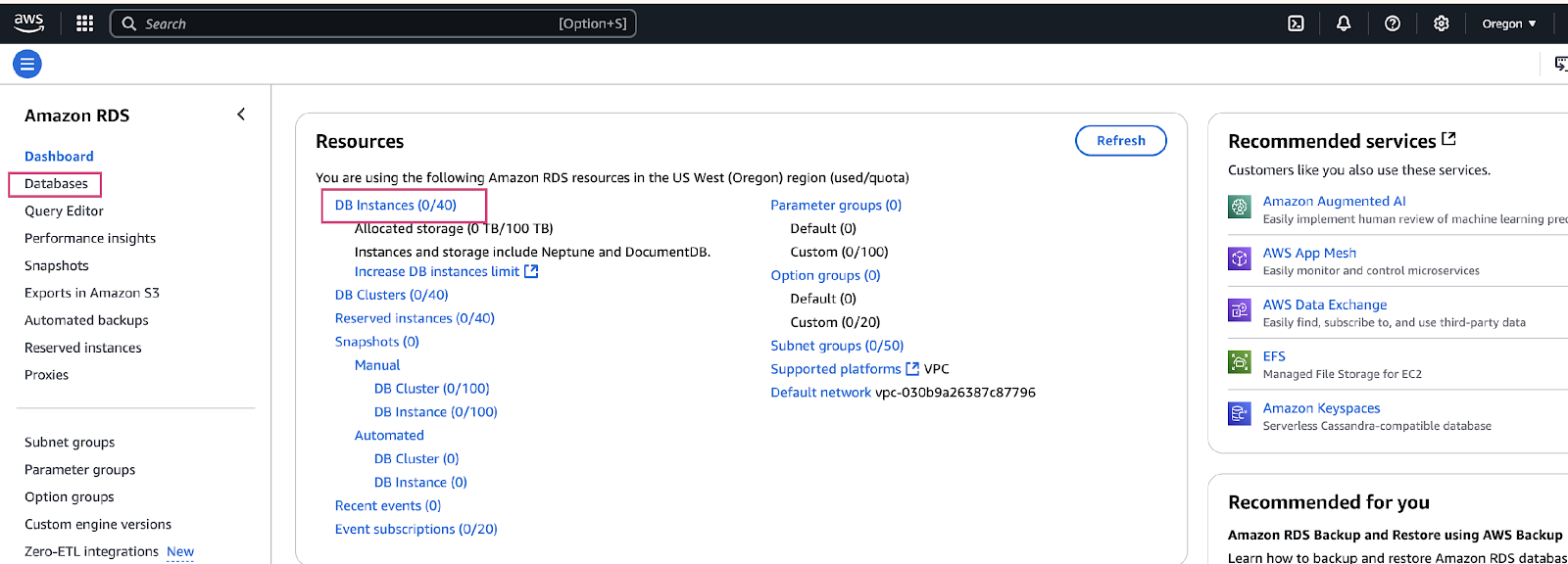 RDS dashboard page