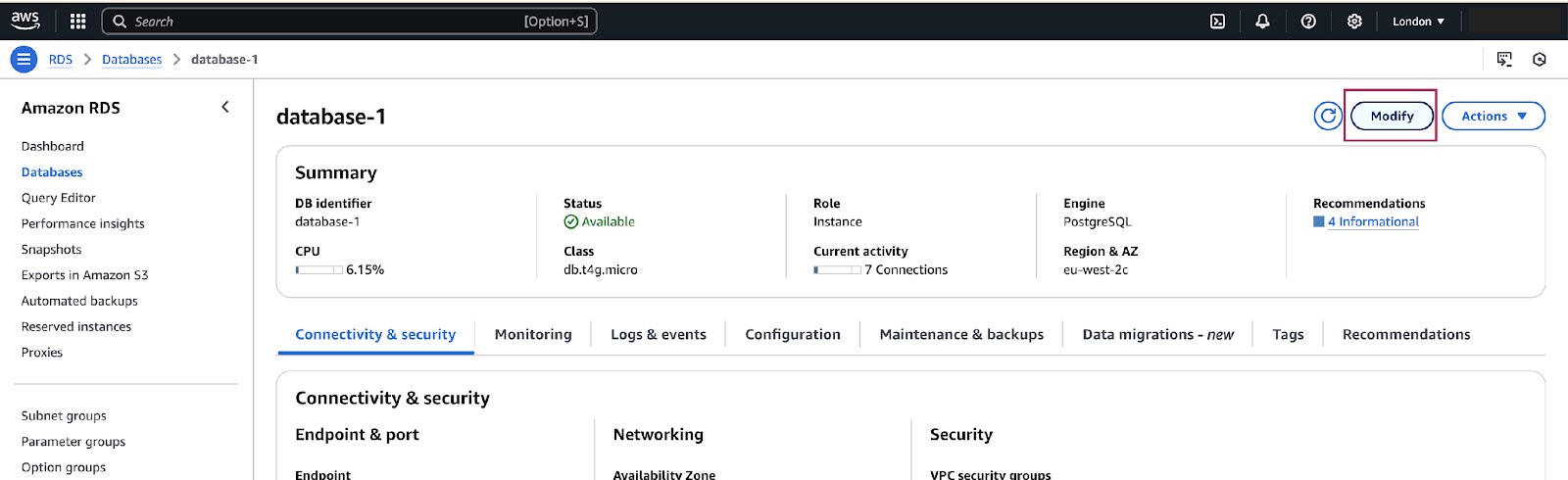 modify database instance