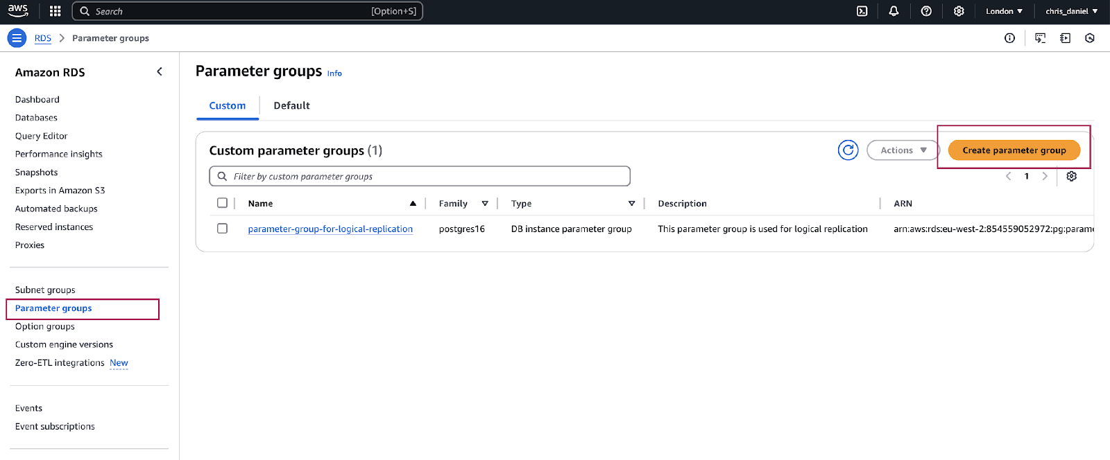 Parameter groups screen