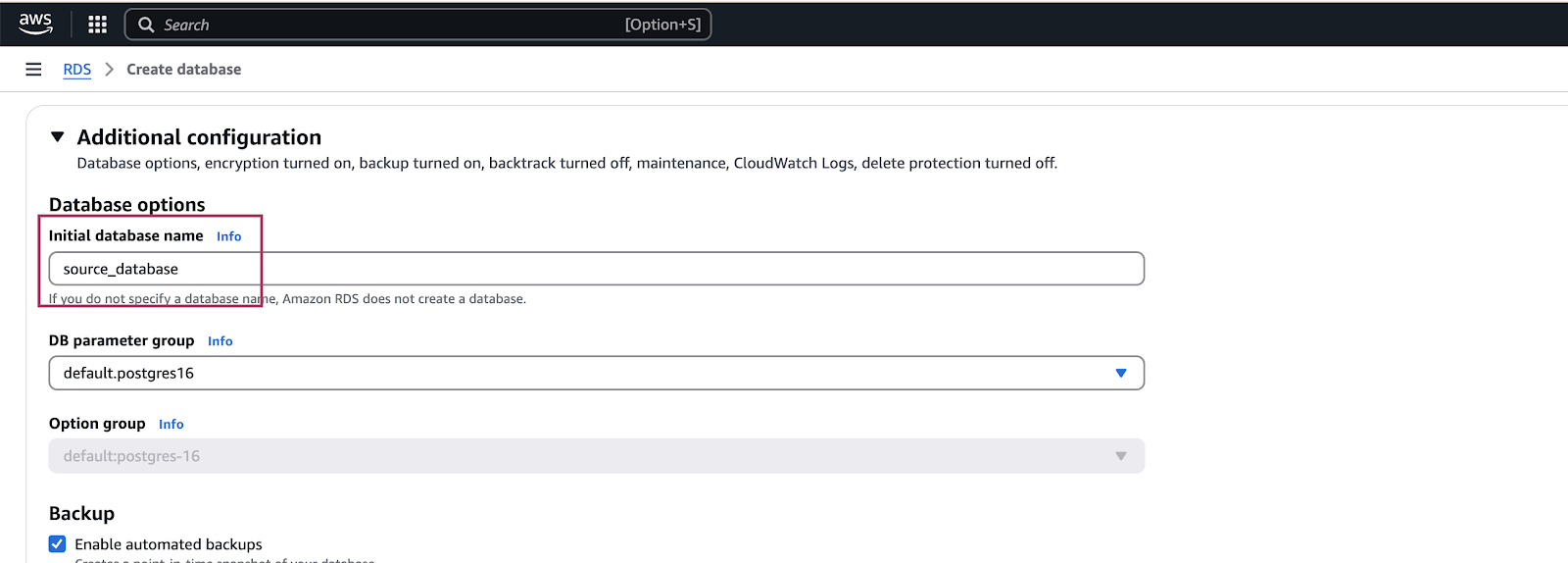 Configuring Initial database name