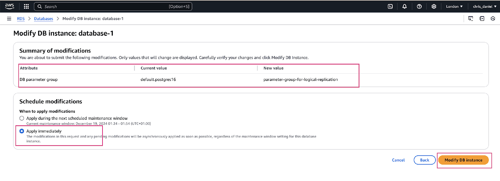 Modify DB instance screen