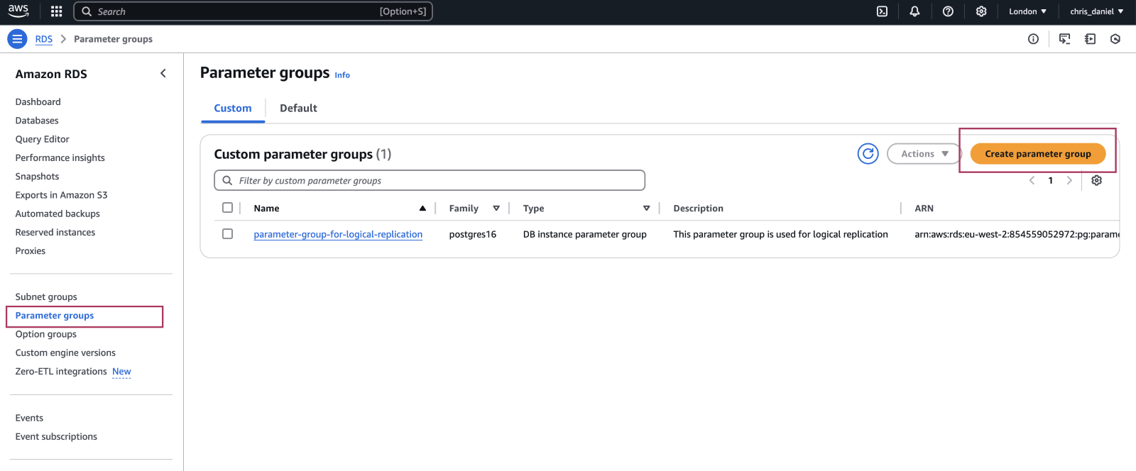 Parameter groups screen