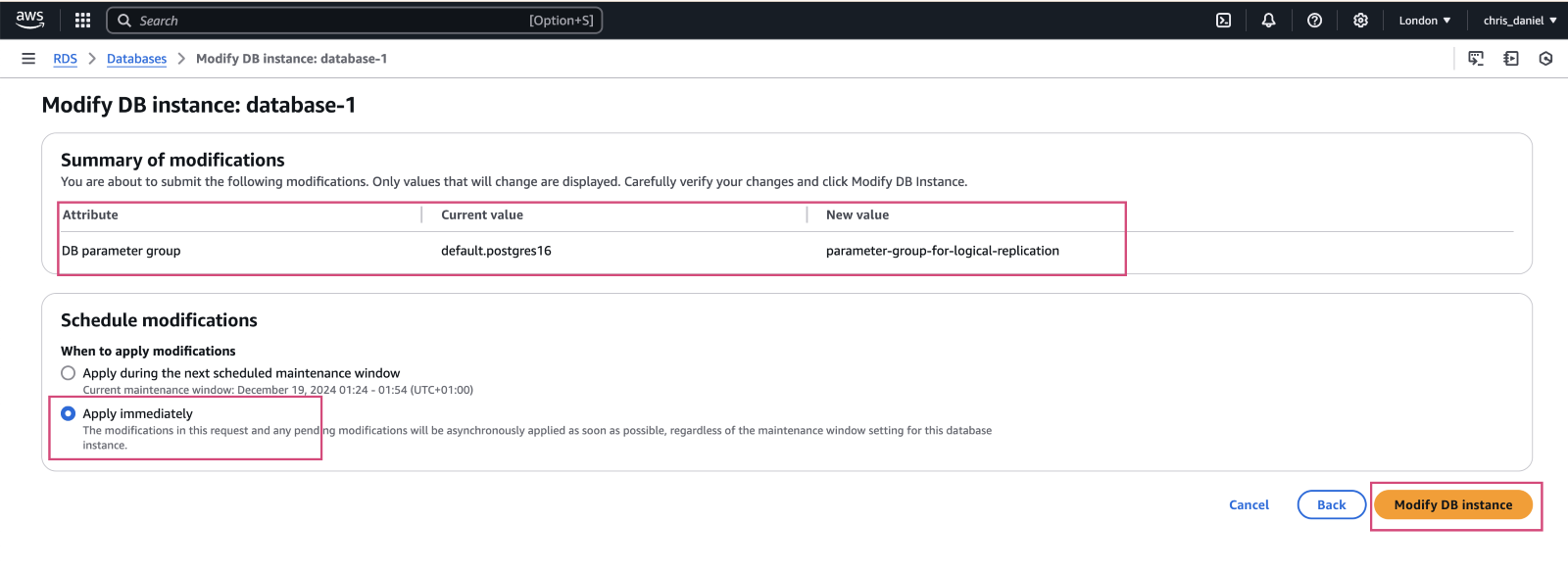 Modify DB instance screen