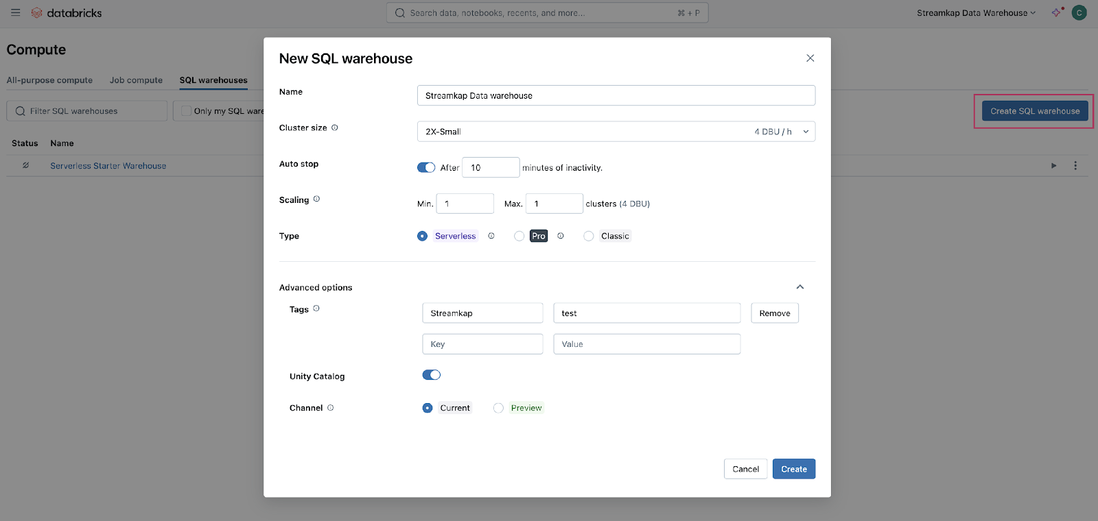 SQL warehouse configuration modal