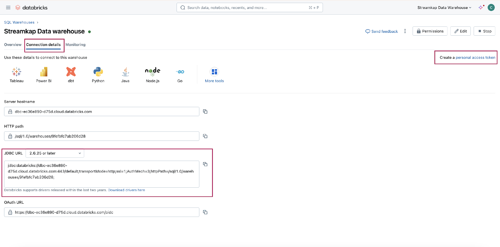 SQL warehouse connection details