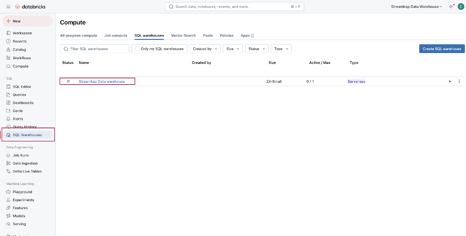 SQL warehouses listing page