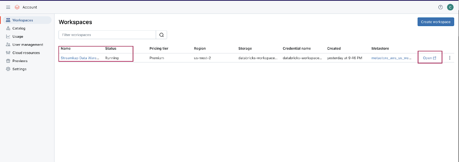 Workspaces page