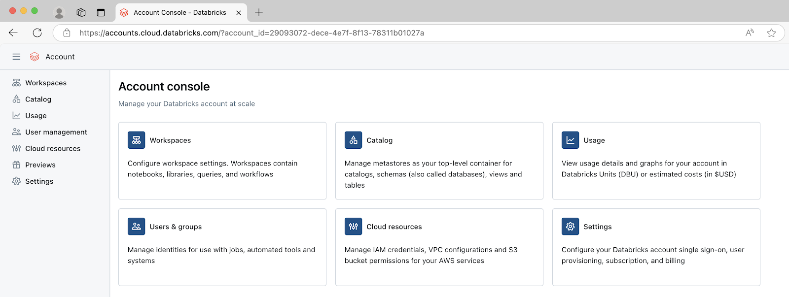 Databricks Account console page