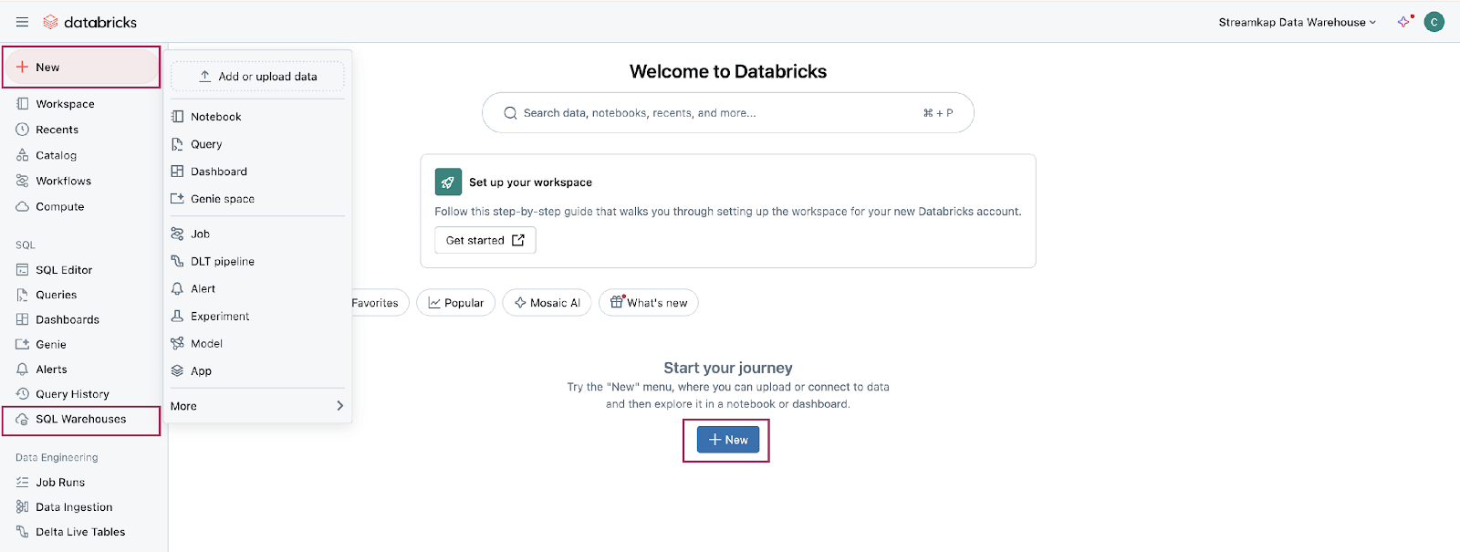 Creating SQL warehouses page