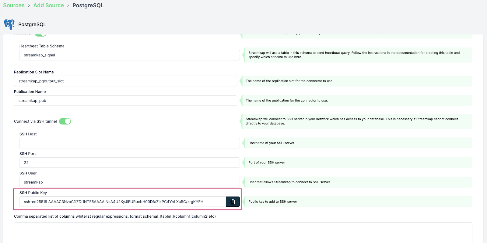 SSH Public key page