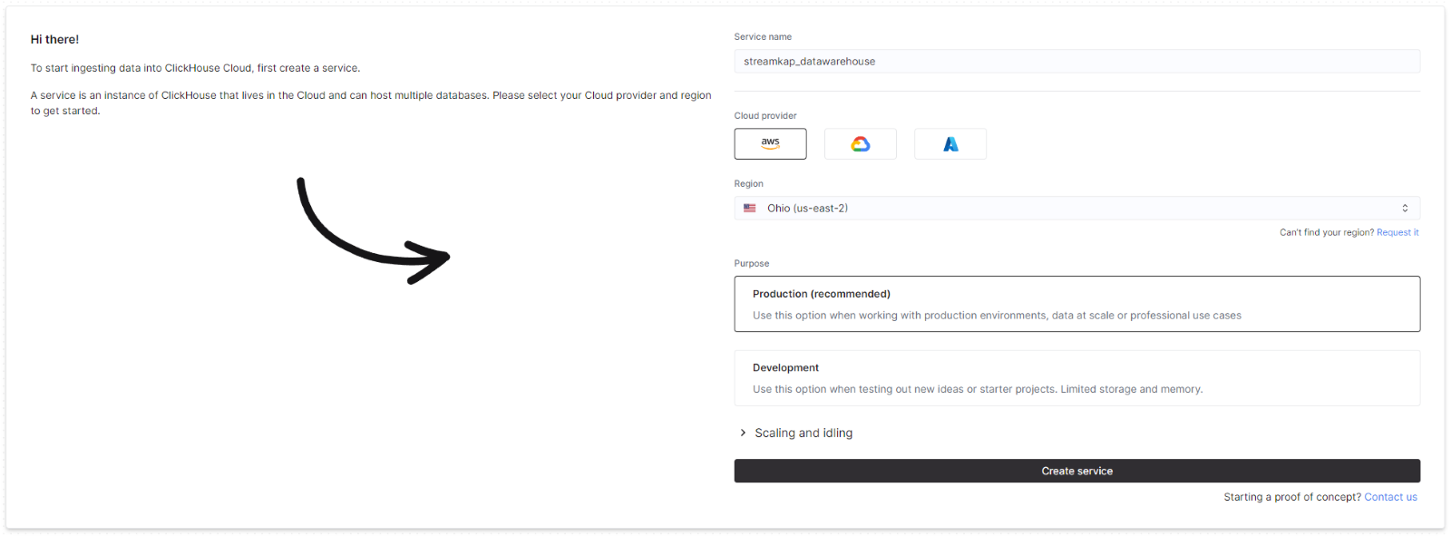 Create service in ClickHouse