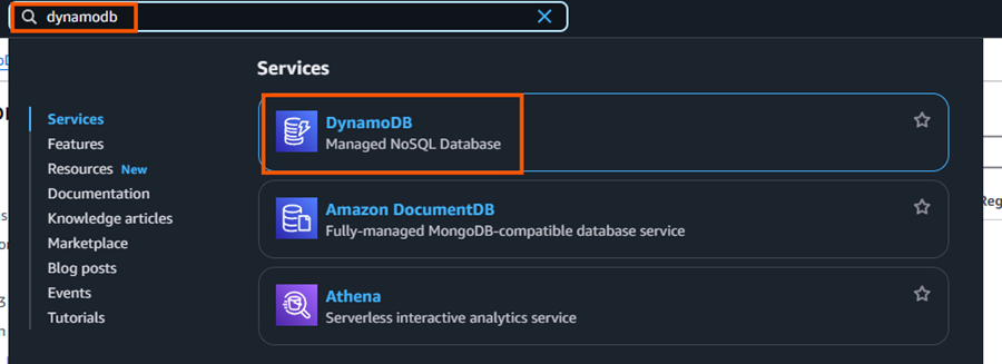 Navigate to DynamoDB