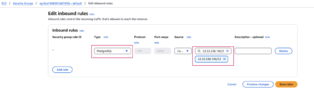 Edit inbound rules page