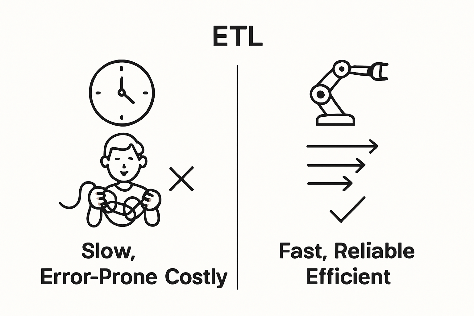Manual ETL vs Automated ETL comparison infographic