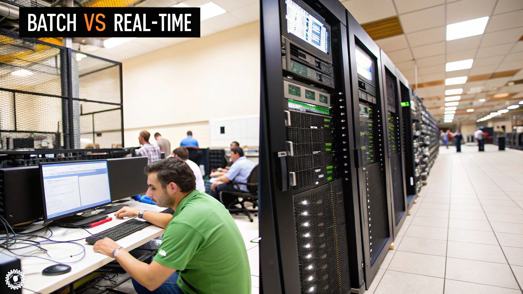 A visual representation of a real-time streaming data pipeline, showing data as a continuous river.