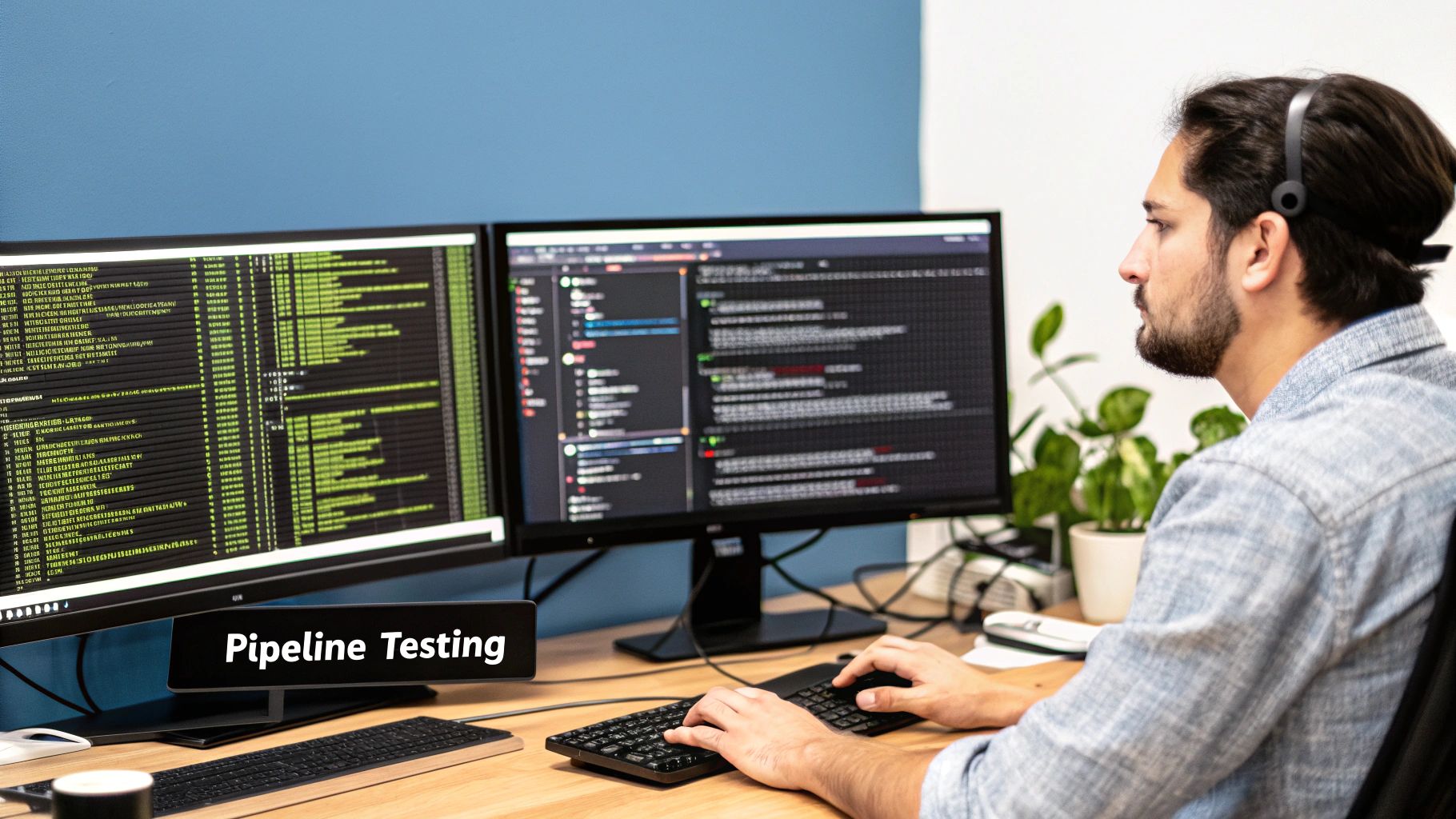 A person inspecting code on a laptop, symbolizing the testing process.