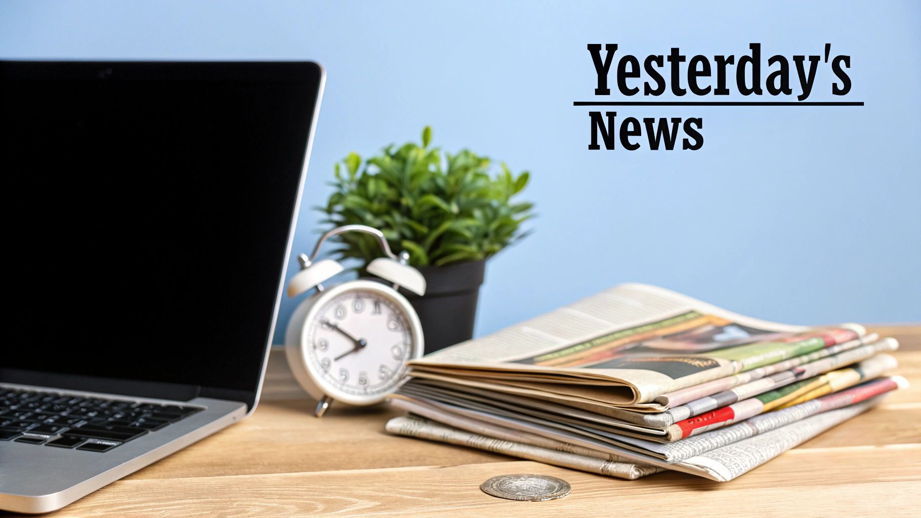 An outdated newspaper lying on a modern desk with a laptop, symbolizing old data methods in a new world.