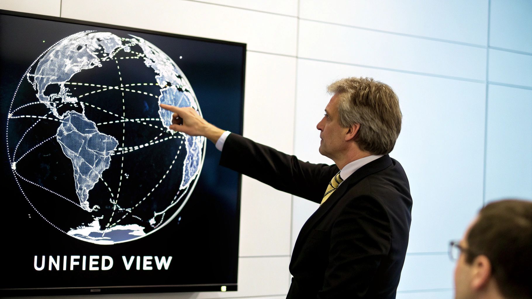 A global view of financial markets on a digital screen, showing interconnected data points.