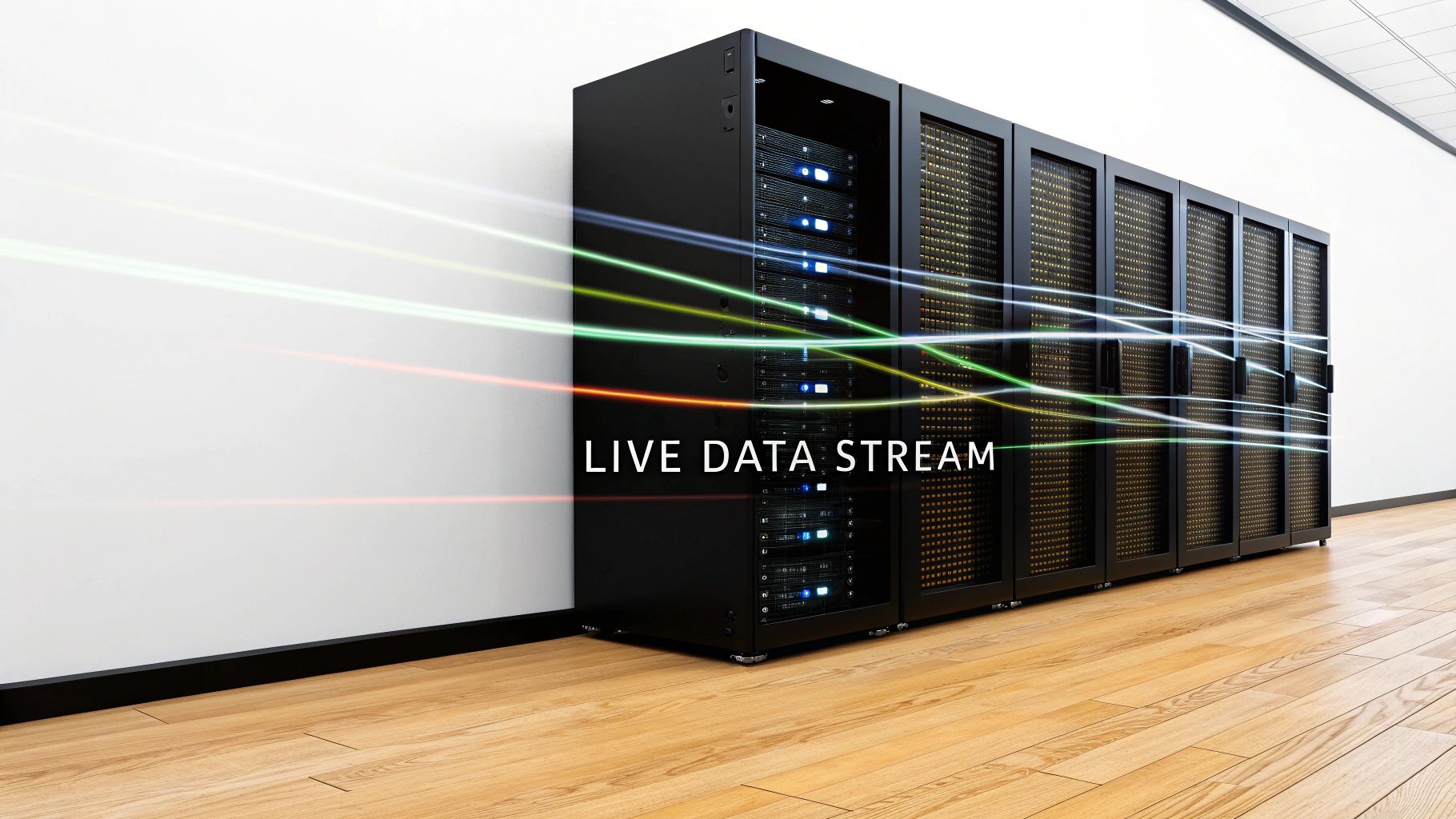 A continuous, flowing river of data moving smoothly between different digital systems, representing streaming data and CDC.