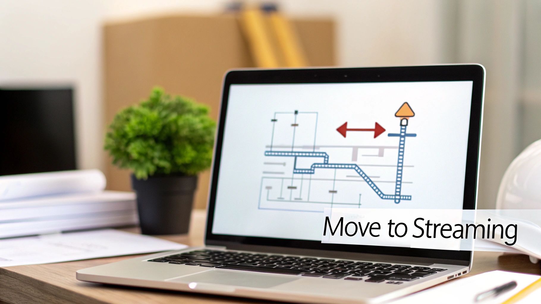 A diagram showing a process flow from a folder icon representing batch processing to a lightning bolt icon representing stream processing.
