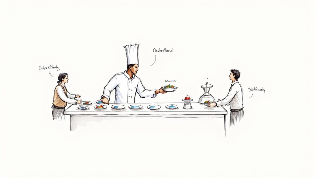 Chef serving food to two diners demonstrating event-driven service architecture concept illustration