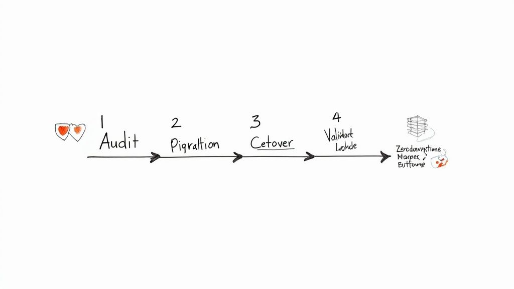 Flow diagram showing four sequential validation steps from audit to zero downtime mapper deployment