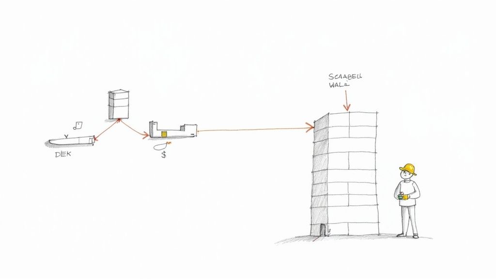 Construction worker inspecting scaffolding setup on wall with support beam and desk equipment