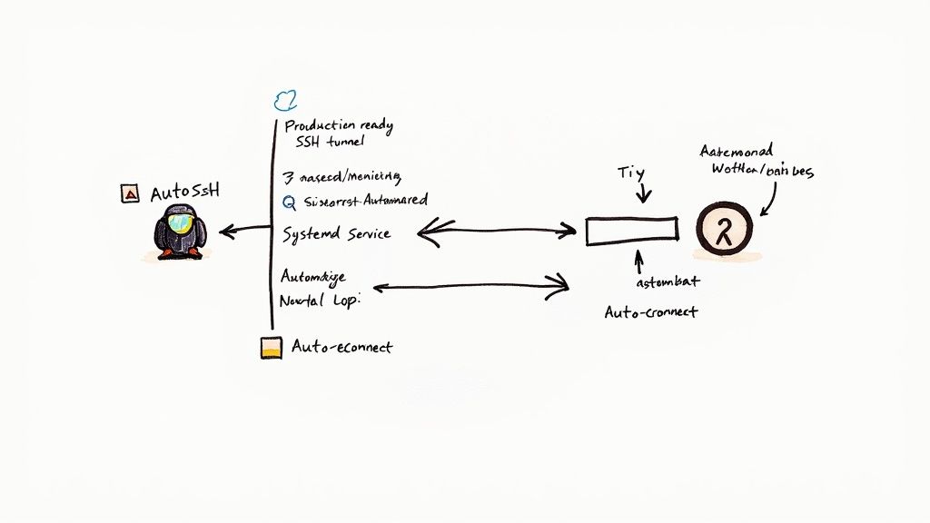 Diagram showing AutoSSH systemd service architecture with automated monitoring and reconnection between components