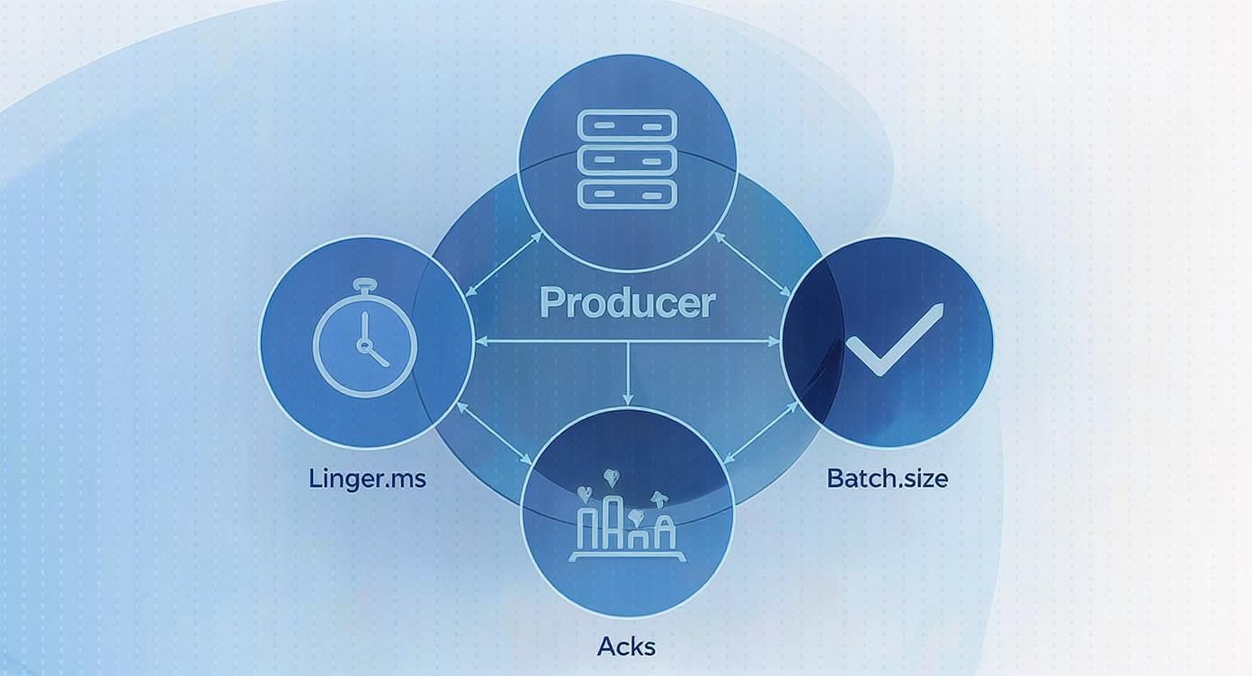 Diagram showing a central Kafka Producer connected to configuration parameters: Linger.ms, Acks, Batch.size, and a server icon.