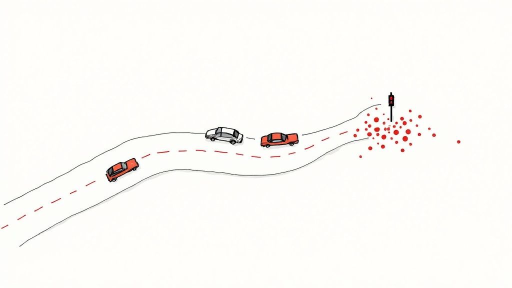 An illustration of cars on a winding road, approaching a traffic light and scattered red dots.
