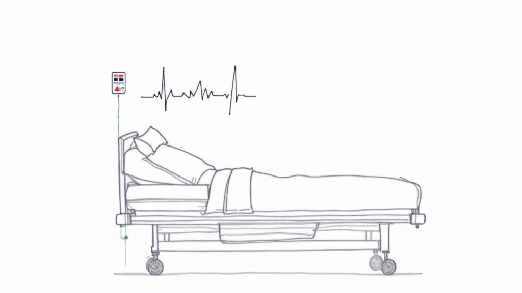 A line drawing of a hospital bed with a patient and a heart monitor displaying a heartbeat.