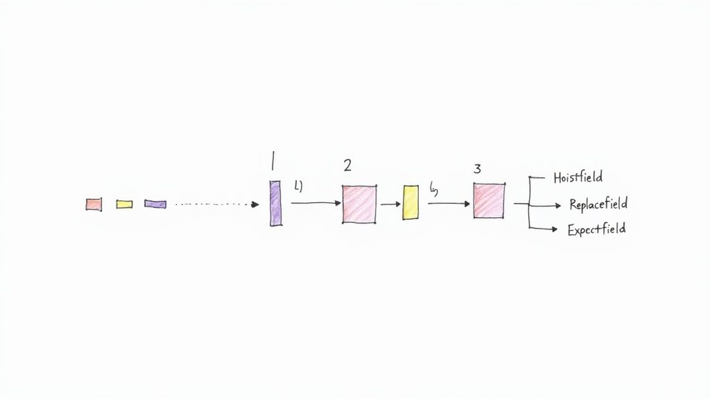 A process diagram showing numbered stages with colored blocks leading to Hoistfield, Replacefield, and Expectfield.
